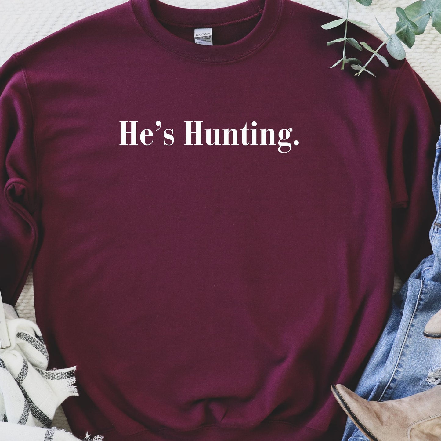 He's Hunting. Gildan Unisex Heavy Blend™ Crewneck Sweatshirt - Cozy Casual Outdoor Wear