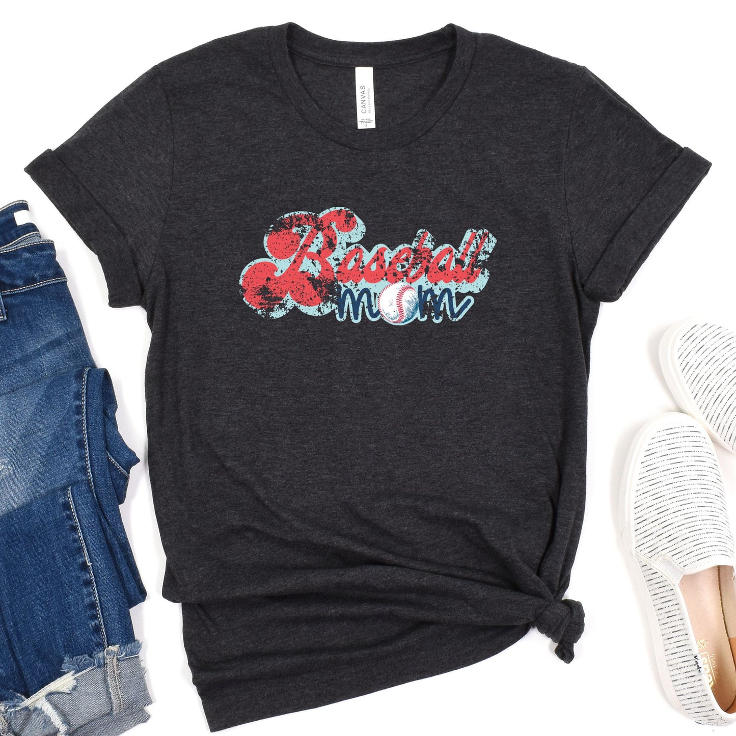 Distressed Design Baseball Mom Short Sleeve Tee