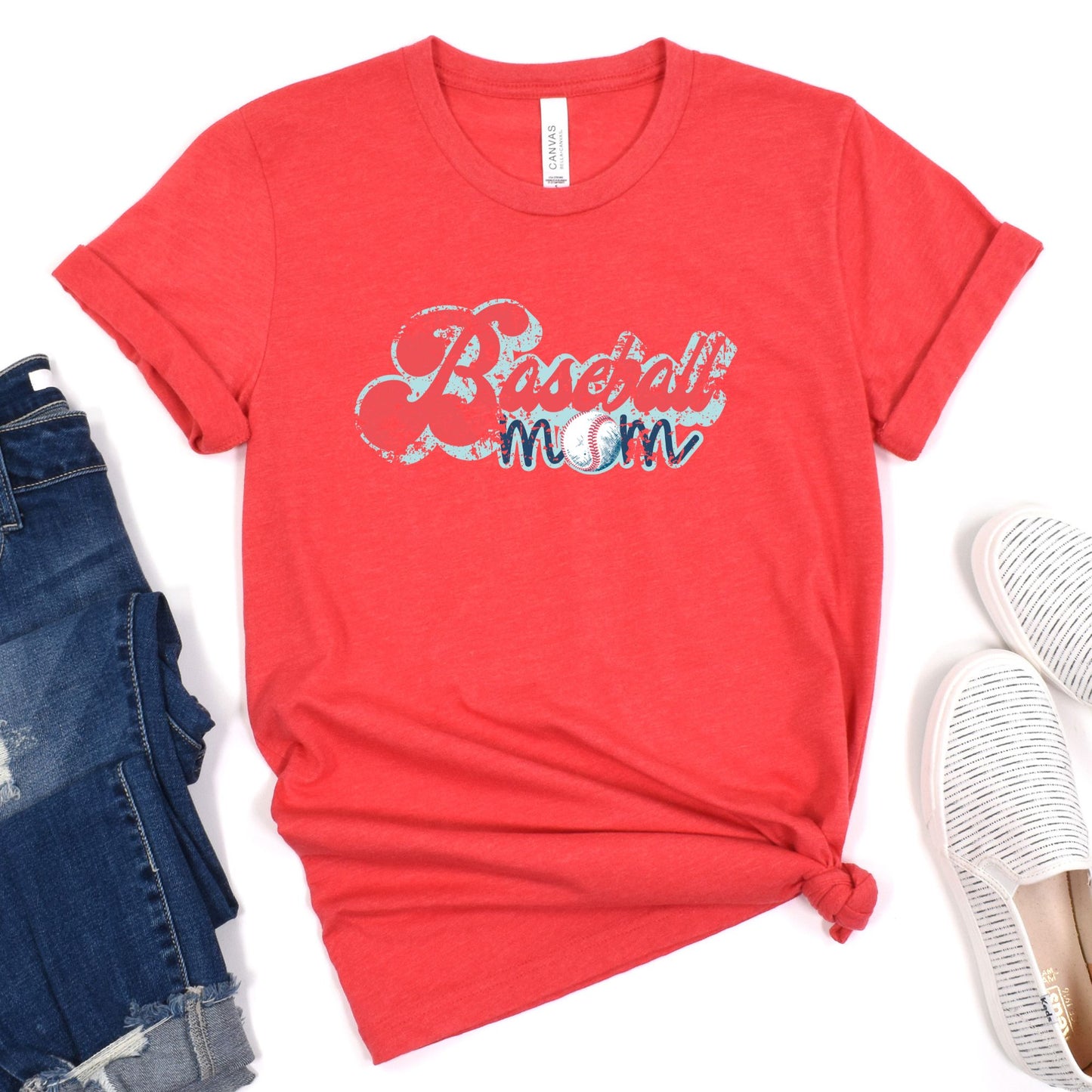 Distressed Design Baseball Mom Short Sleeve Tee